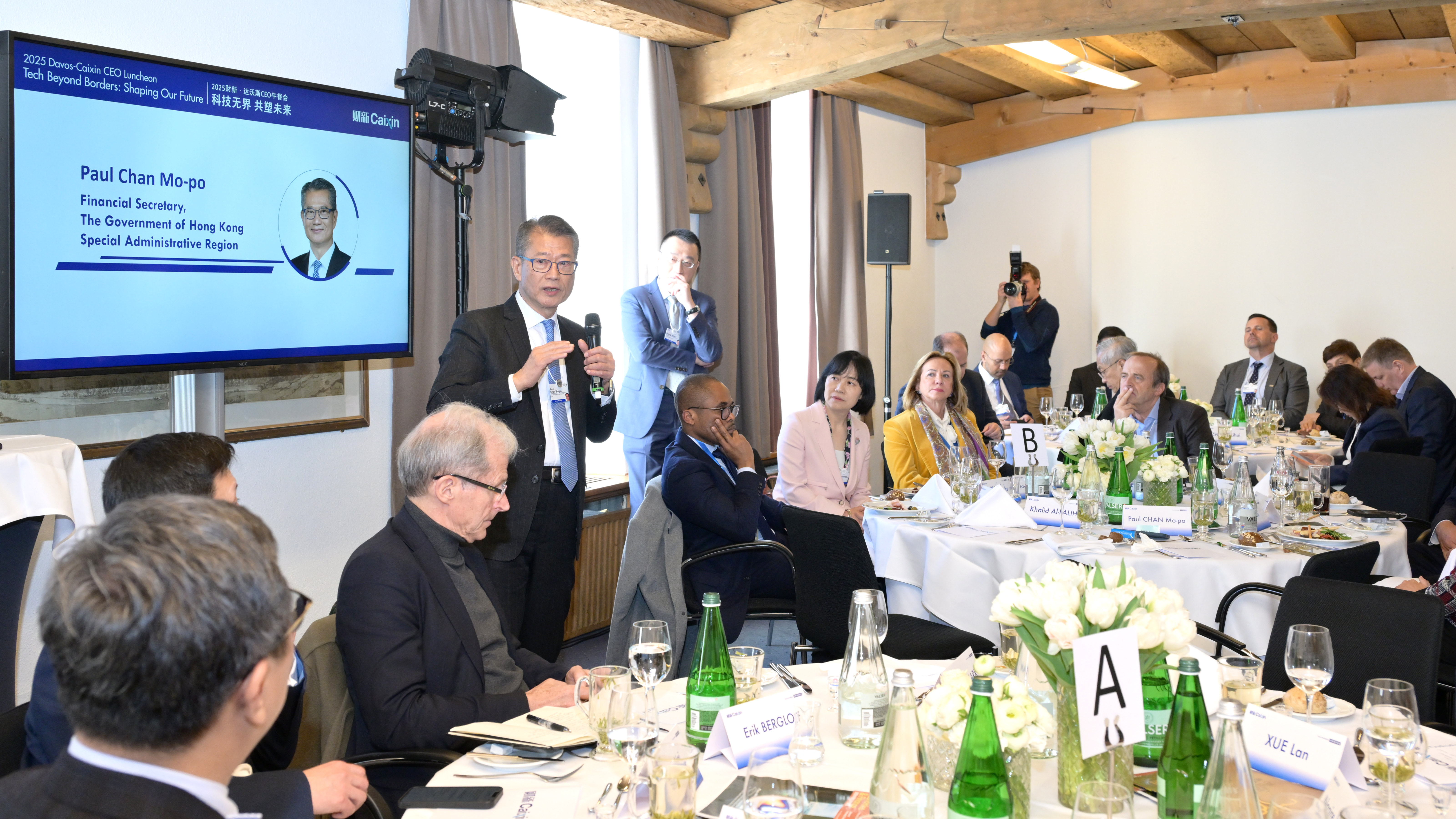 Hong Kong SAR’s Financial Secretary, Paul Chan, speaks at the "2025 Davos-Caixin CEO Luncheon" in Davos, Switzerland.